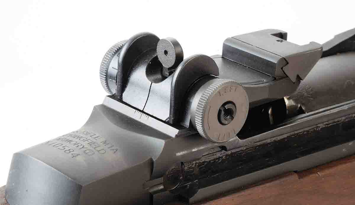 M1As come with this fully-adjustable rear peep sight.